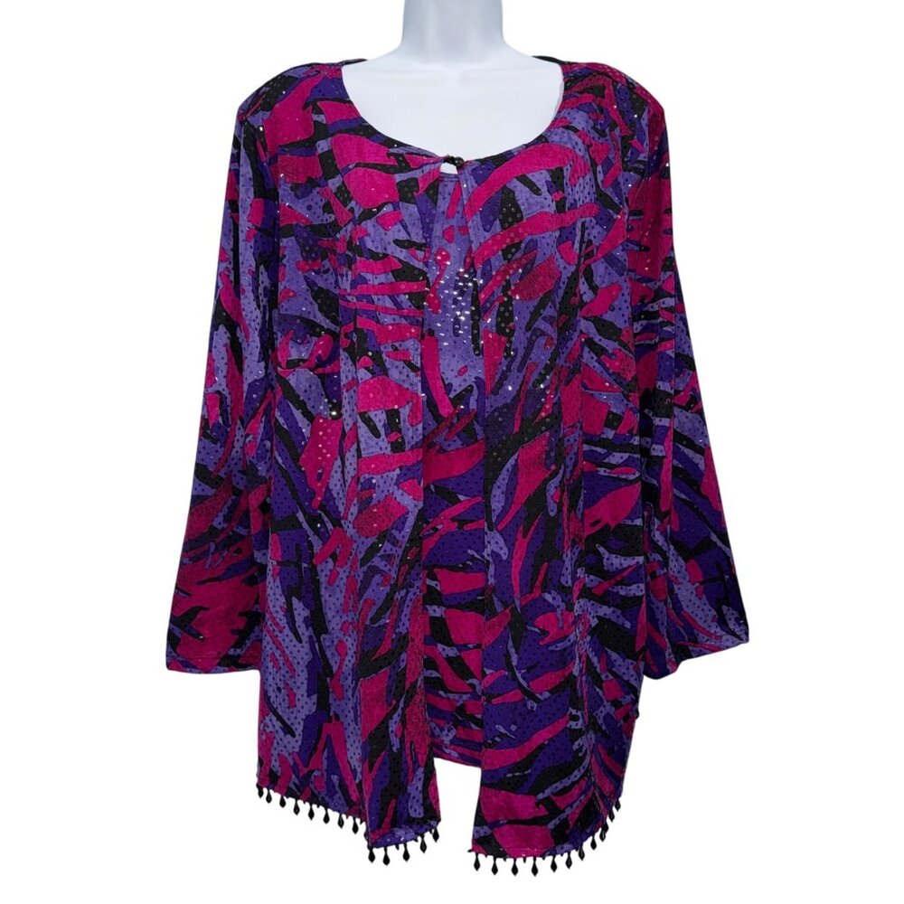 Maggie Barnes Twofer‎ Cardigan Bead Trim Shimmer Dots Bold Abstract Statement 2X